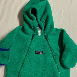 PATAGONIA BABY FLEECE BUNTING 3 MONTHS GREEN BLUE  HOODED